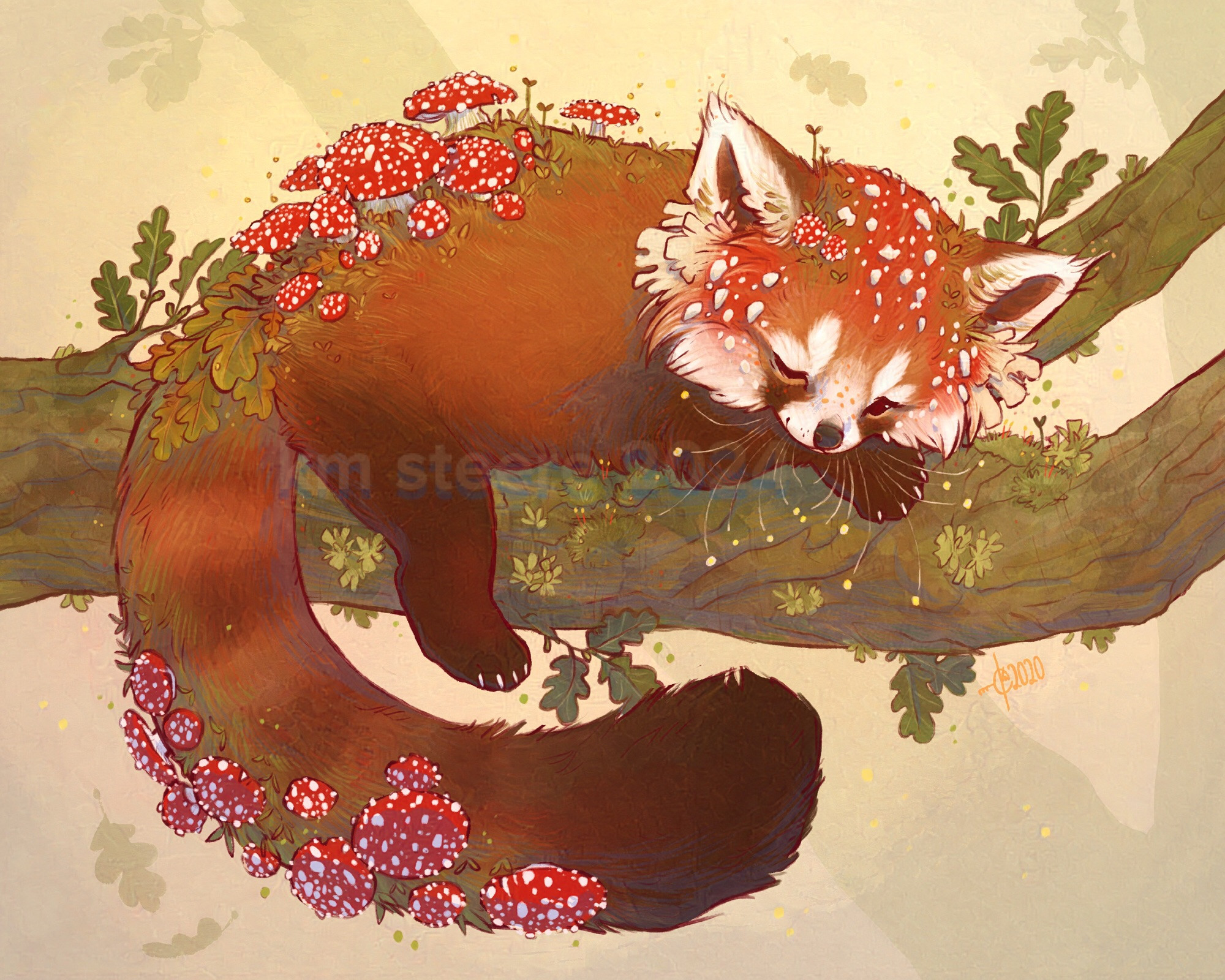 A digital illustration of a red panda lounging in an oak tree. The red panda is covered in red and white toadstool mushrooms.