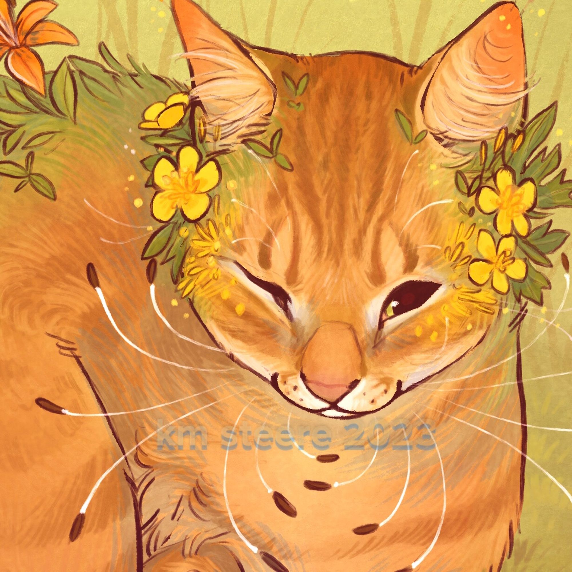 A crop of a digital illustration of an orange kitty with one eye open. The kitty has yellow buttercup flowers sprouting from his cheeks and lily flowers on his back.