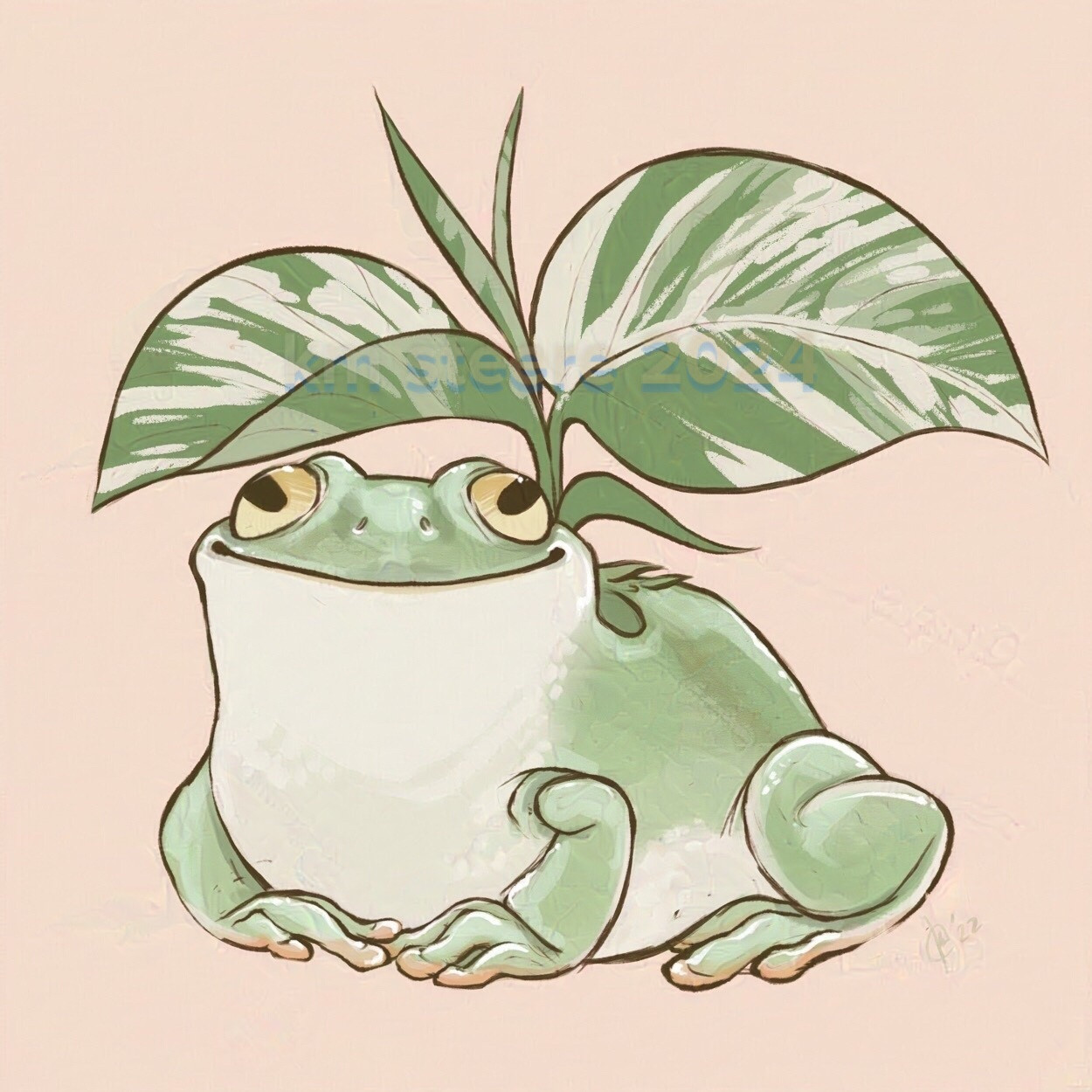 A digital illustration of a silly pale green frog on a peach background. The frog has varigated pothos leaves sprouting from its back.