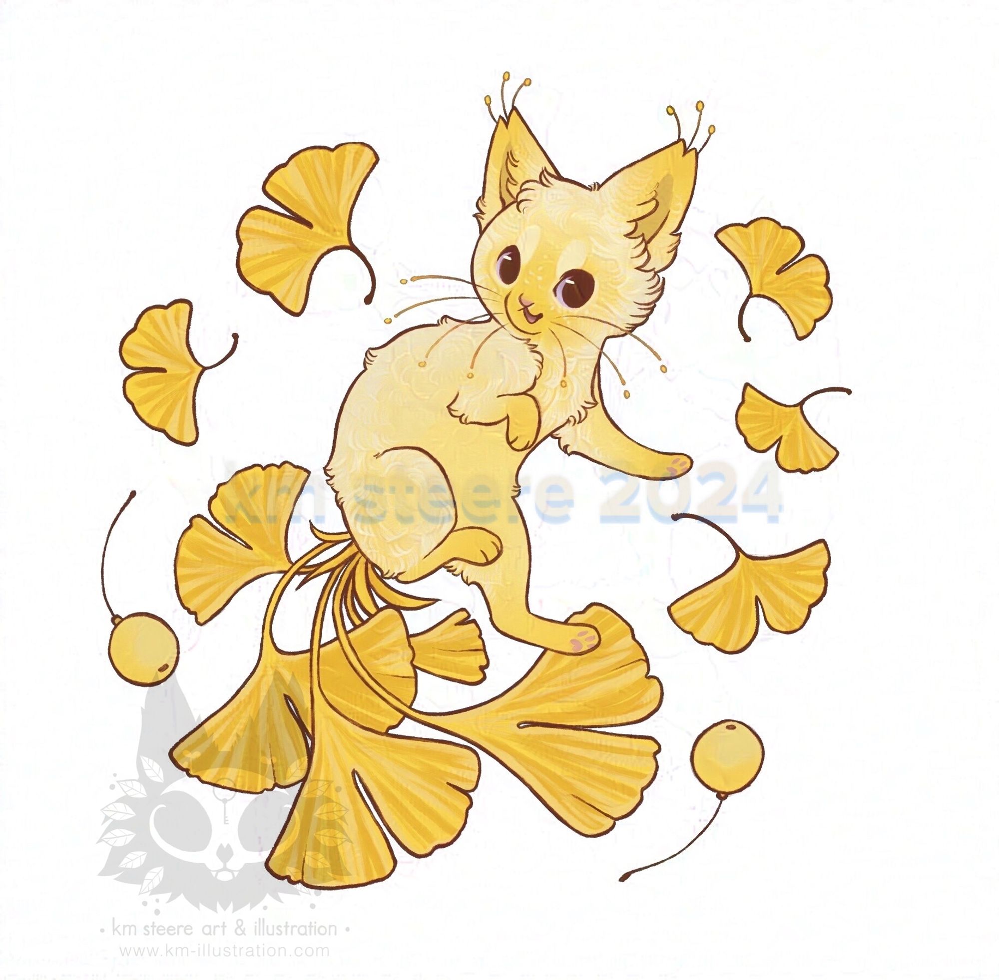 A digital illustration of a yellow cat creature that has ginkgo leaves as its tail. It is surrounded by smaller gingko seeds and leaves.