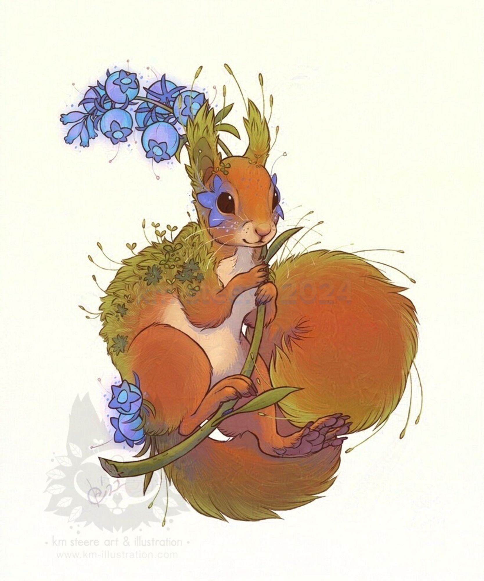 A digital illustration of a red squirrel covered in moss and blue bell shaped flowers that glow with magic. The squirrel is holding a flower stalk and has a long bushy tail.