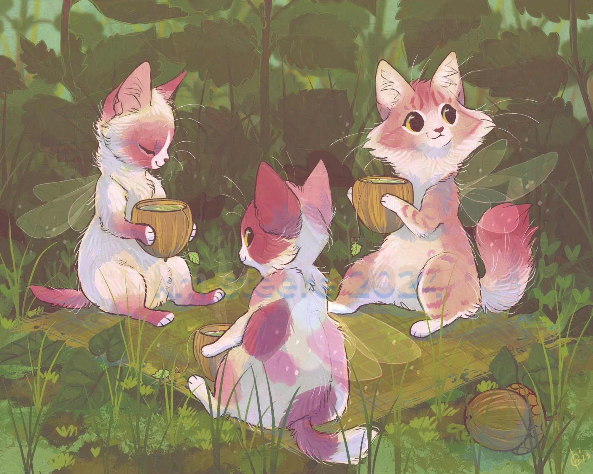 A digital sketch of a group of pink fairy cats having a tea party amongst the giant plants. They all look like they are having a good time and maybe want you to join.