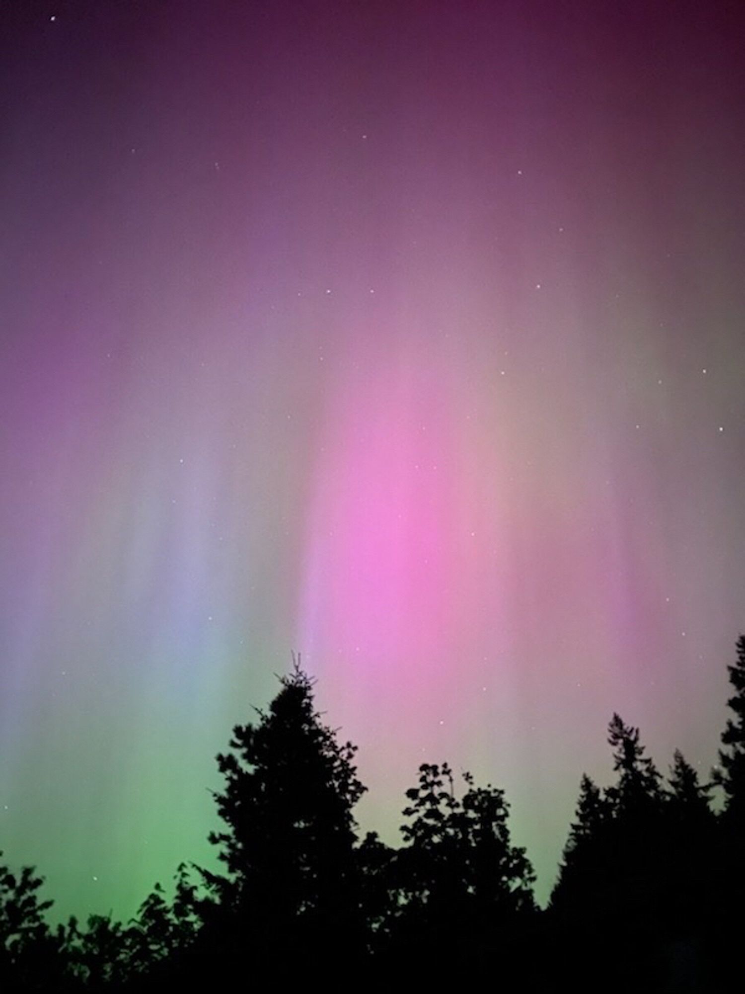 A photo of the May 2024 aurora in wester Oregon outside of the Portland metro area.