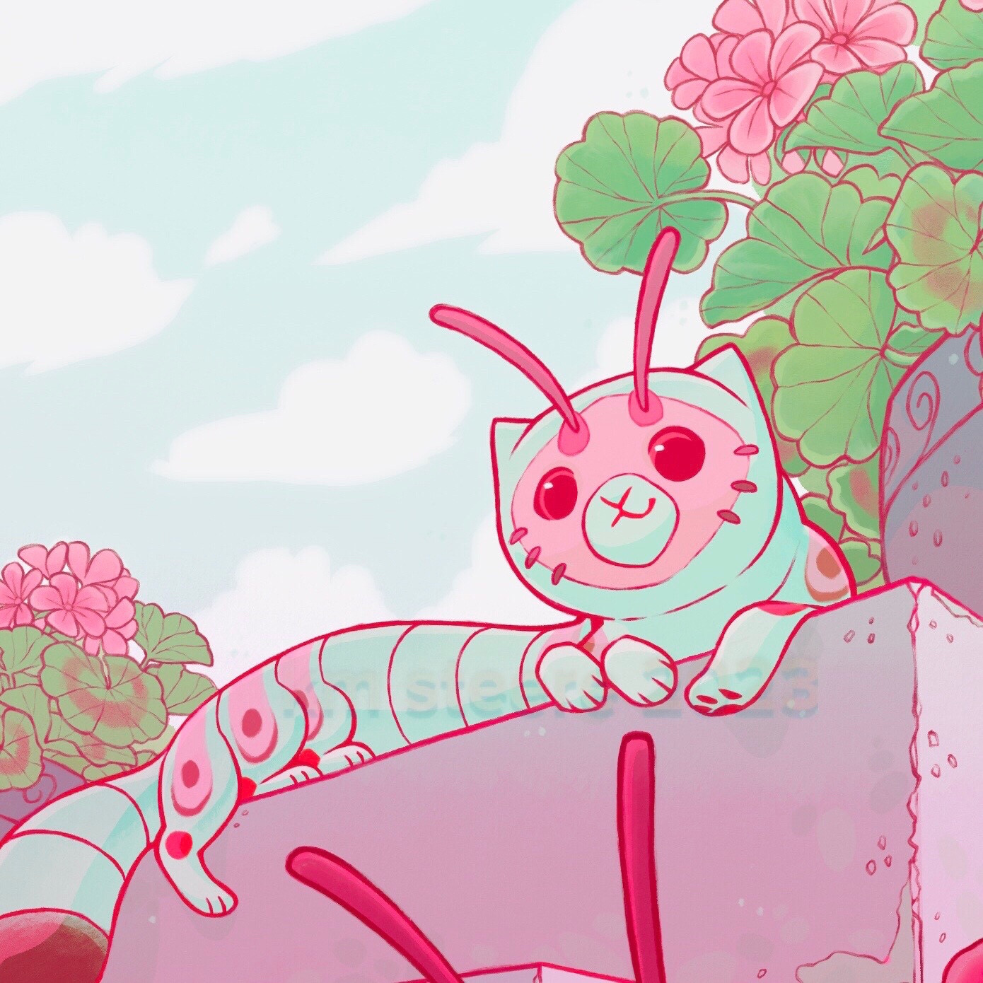 A crop of a digital illustration of a minty green and pink catterpillar chilling on a step. Help fund the plushie if this guy! Link in post!