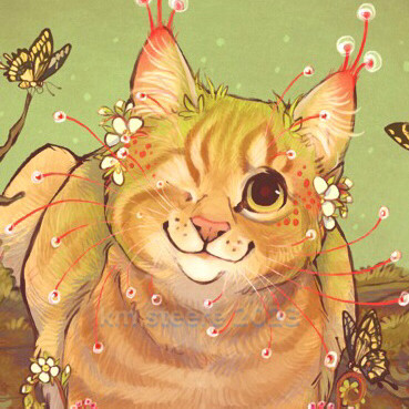 A crop of a digital illustration of an orange kitty with one eye. The kitty is mixed with red sundew plants.