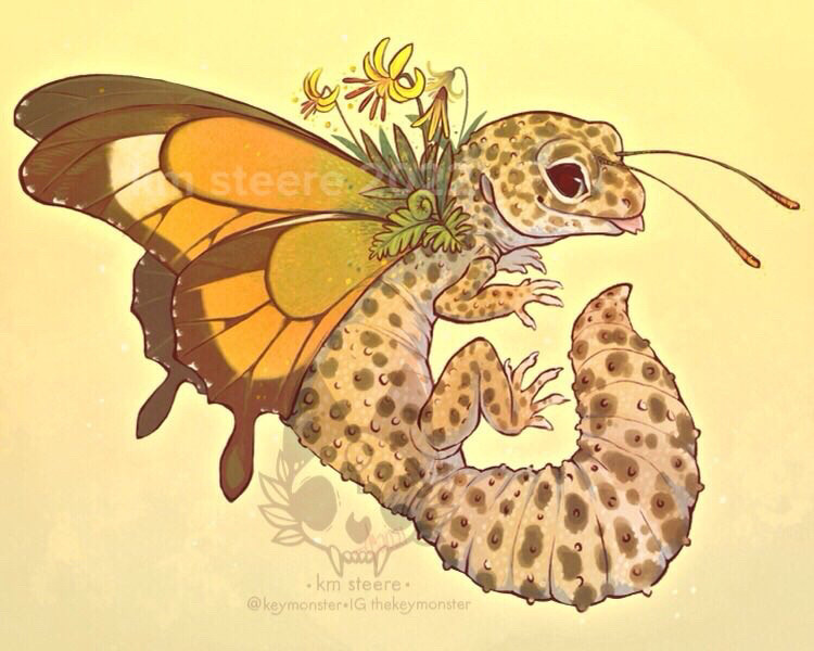 A fairy leopard gecko with trout lilies on its wings.