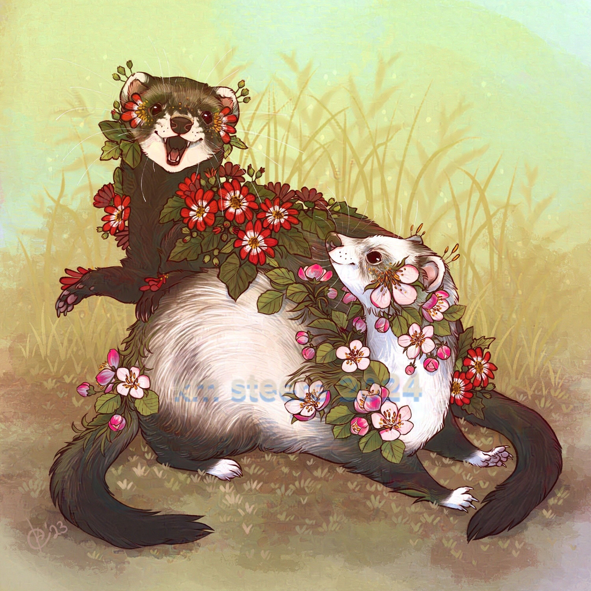 A digital illustration of a pair of ferrets playing in a grassy place. The ferrets are covered in blooming flowers and leaves.