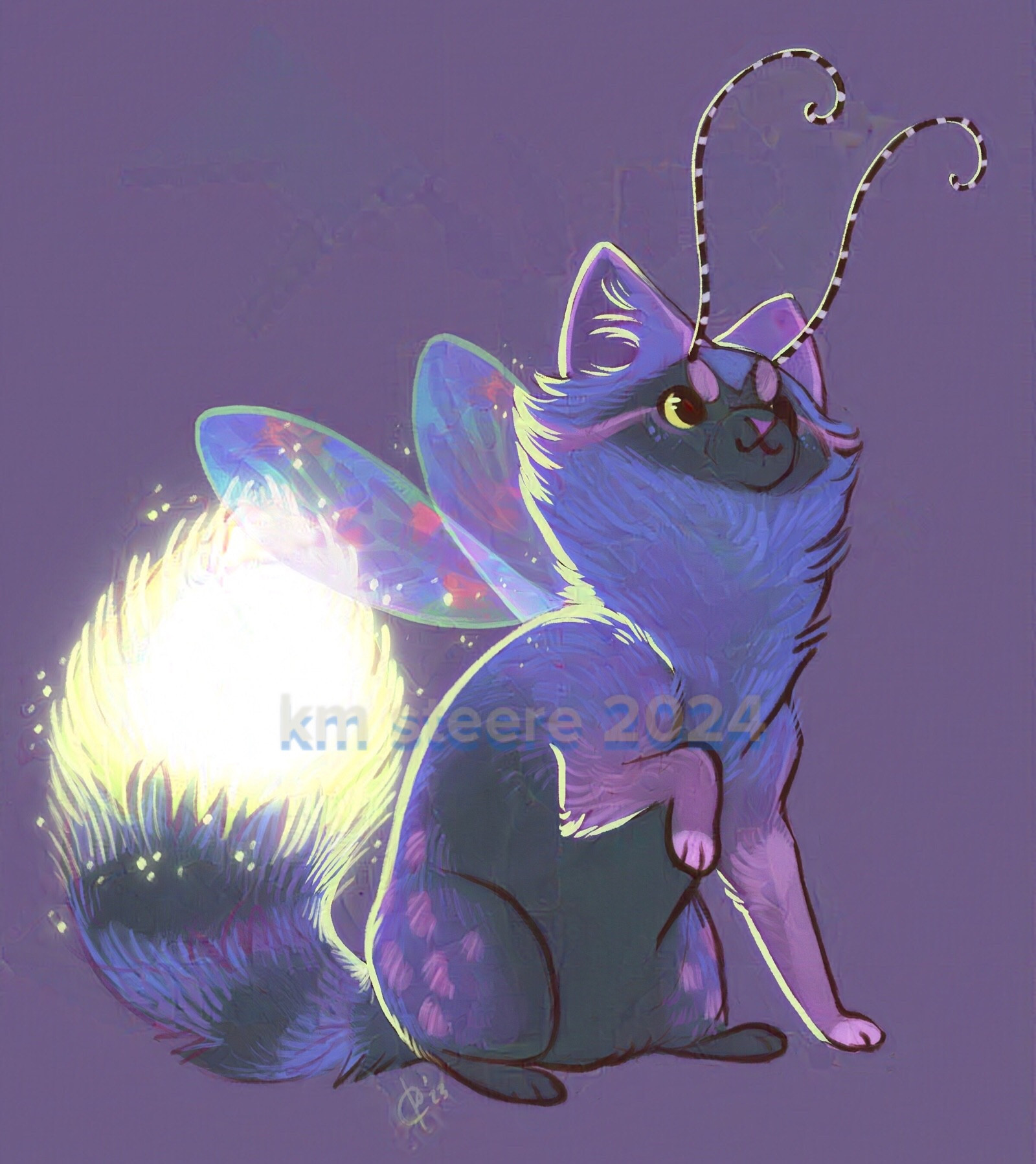 A digital sketch of a little fairy kitty that looks like it was mixed with a firefly or lightening bug. The kitty has one paw up and looks pleased. It has stripy and curly antennae.