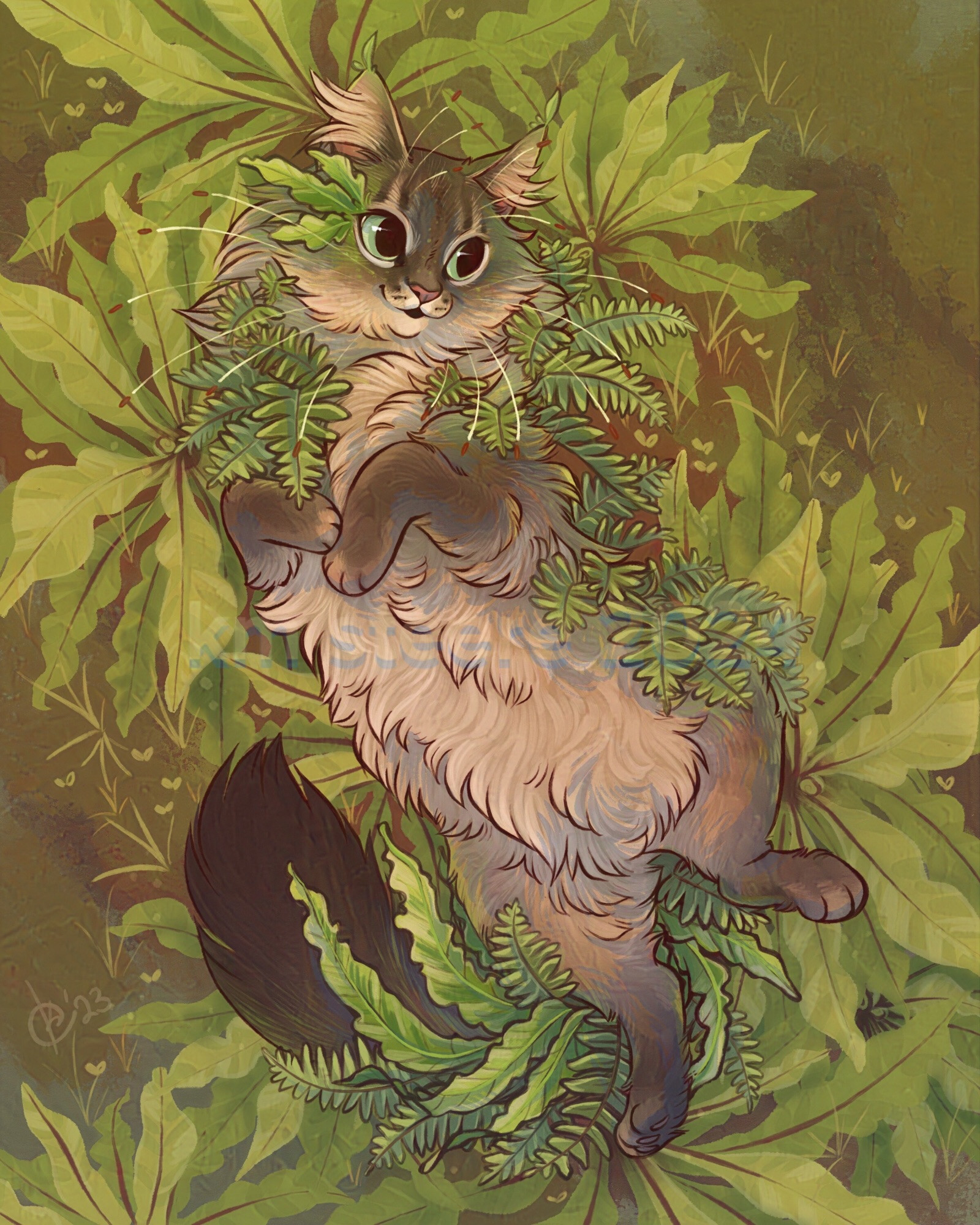 A digital illustration of a beautiful long haired tabby cat surrounded by bright green ferns both on the ground surrounding the cat and growing out of its body. The cat looks relaxed and proud.