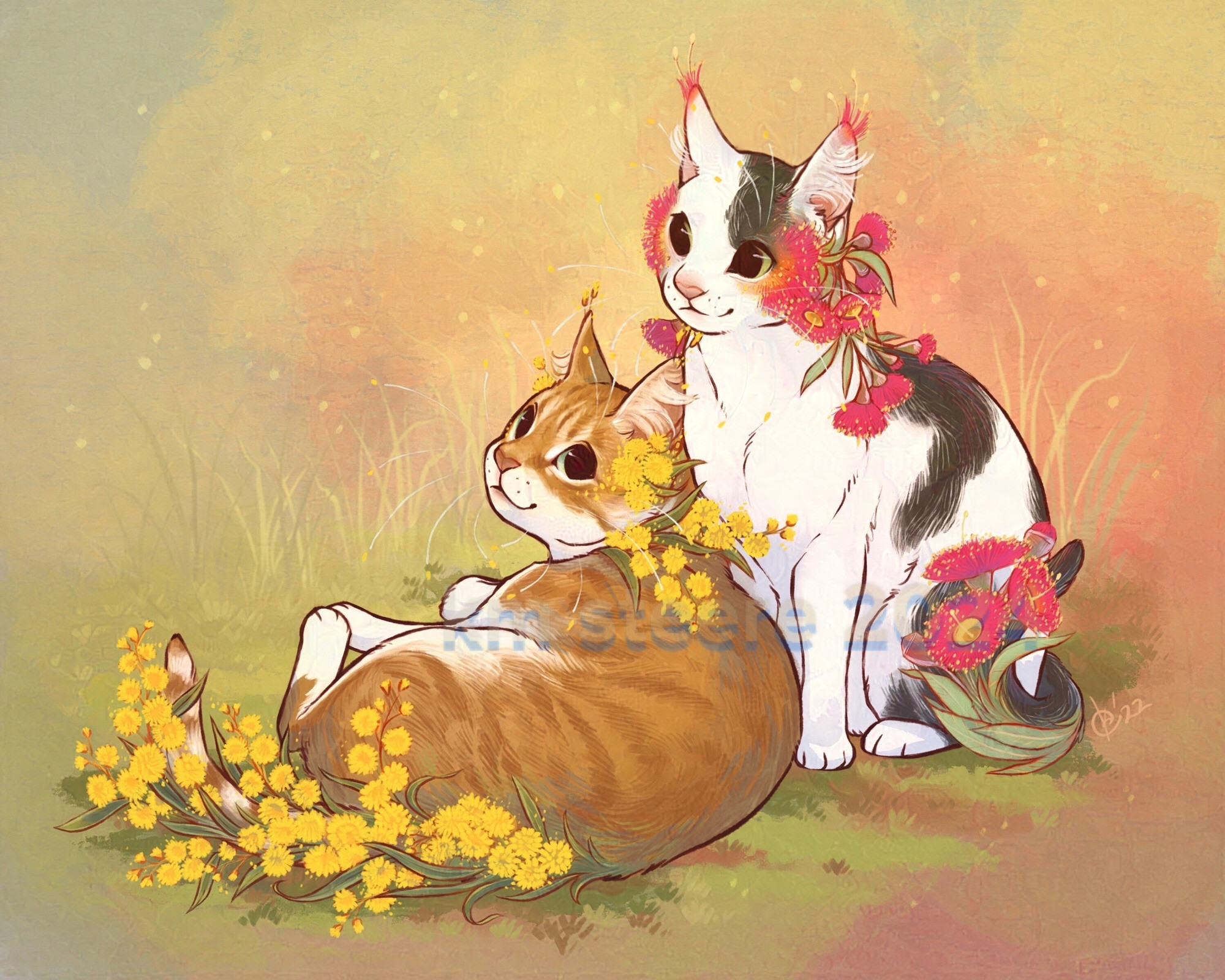 A digital illustration of a pair of kitties bedecked in Australian flora. The orange cat has bright yellow wattle blossom growing from its body and the black and white cat has vivid pink gum flowers.