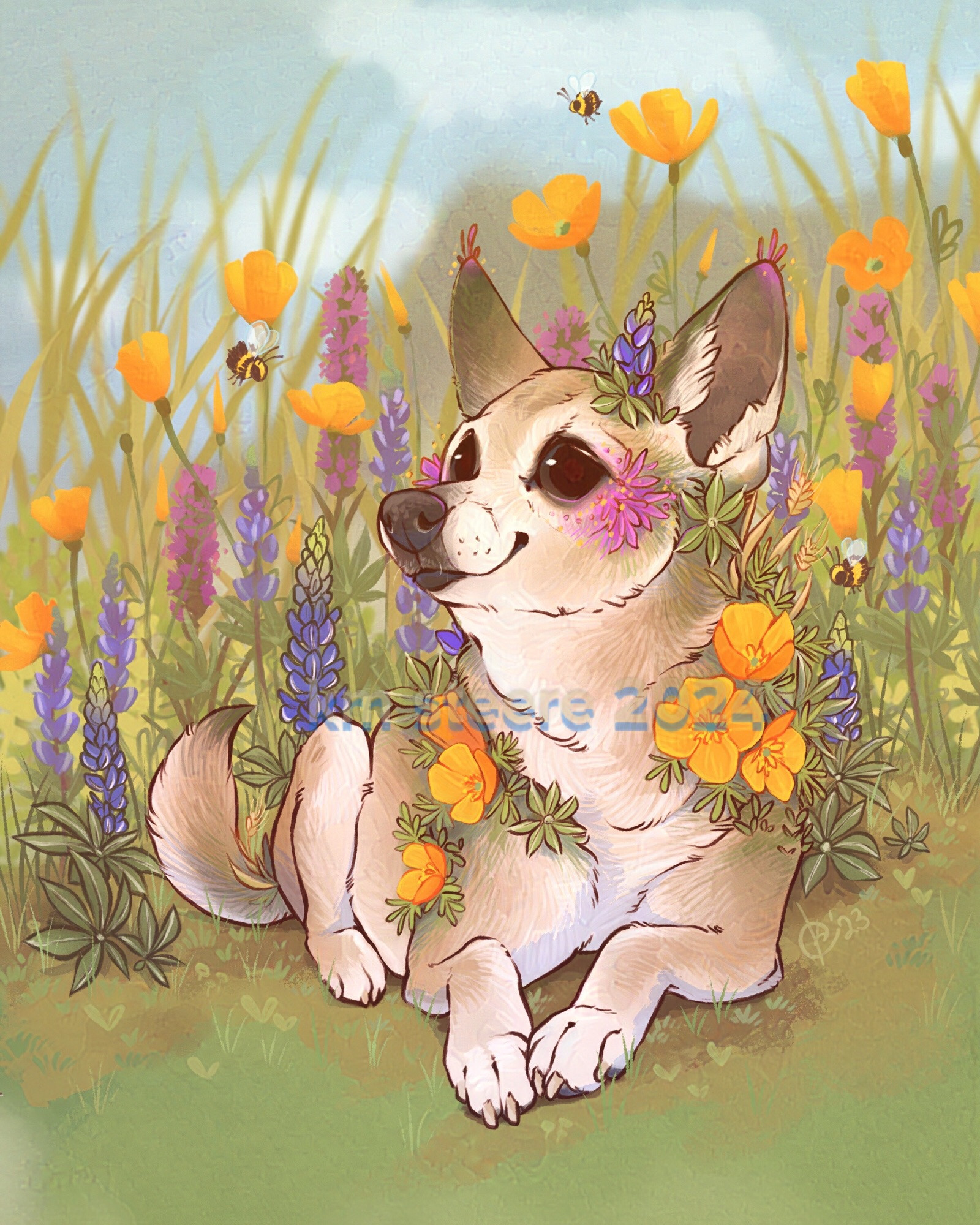 A digital illustration of a small dog relaxing amongst wildflowers in a field. There are bumblebees buzzing around the flowers. The dog looks very cozy and relaxed.