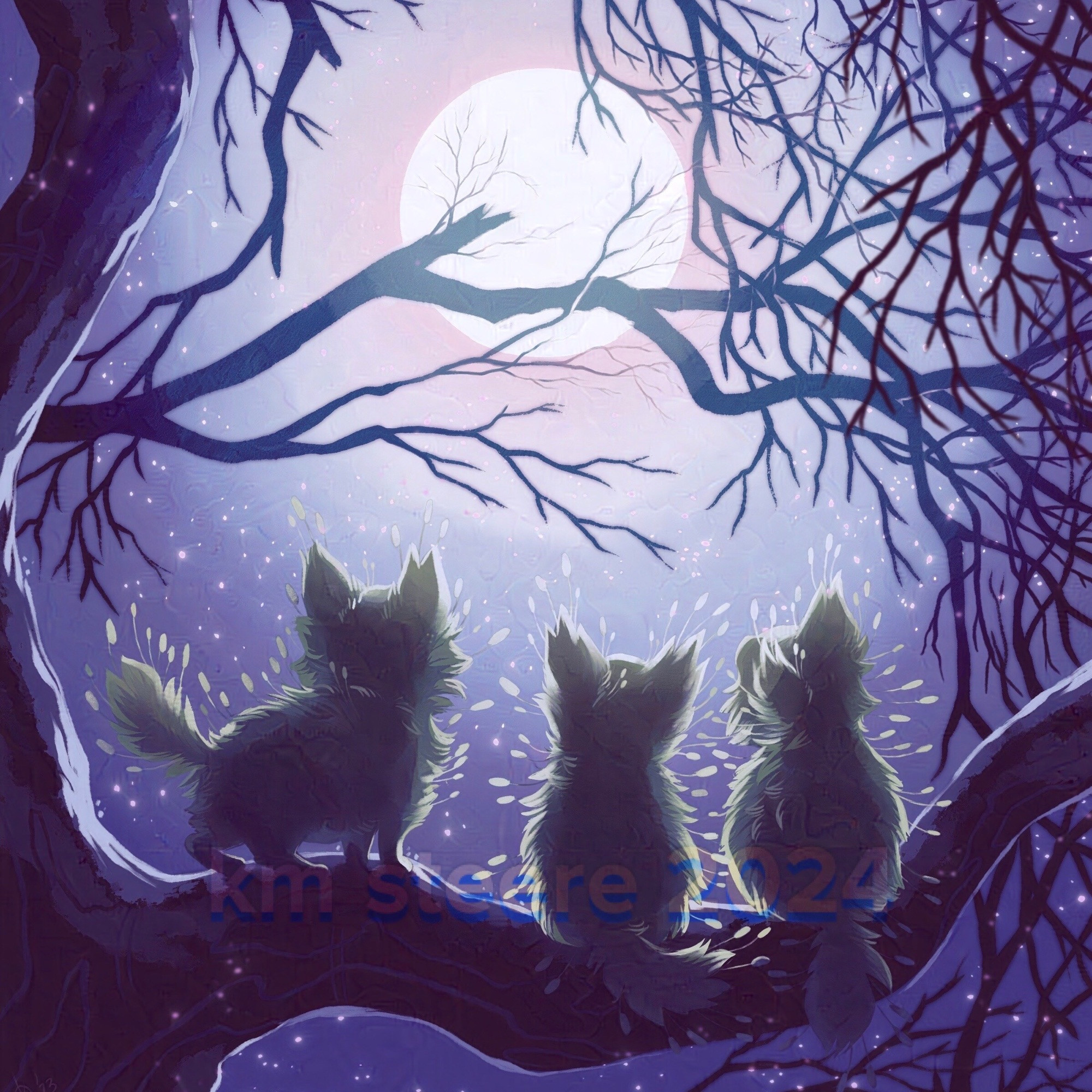 A digital illustration of three moss kittens sitting on a branch looking up into the sky at a full moon. The sky is dark purple and there are bare tree branches obscuring the moon a bit. 