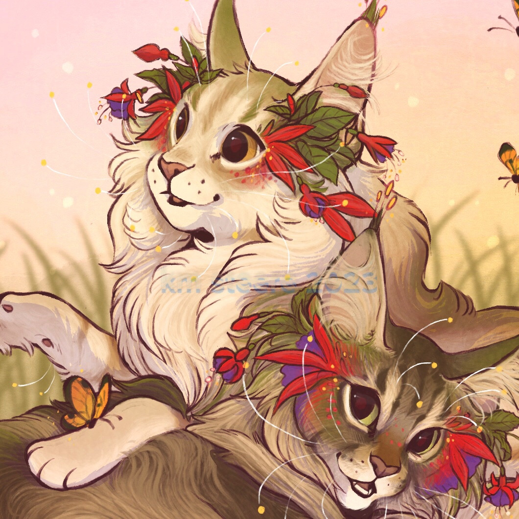 A crop of a digital illustration of two kitties mixed with red and purple fuchsia blooms. There are orange butterflies around them.