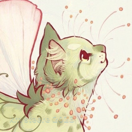 A crop of a digital illustration of a cute pale green kitty with pink pea blossom wings. The kitty has a calm and pensive expression while it looks up and to the right. The kitten is on a pale background.