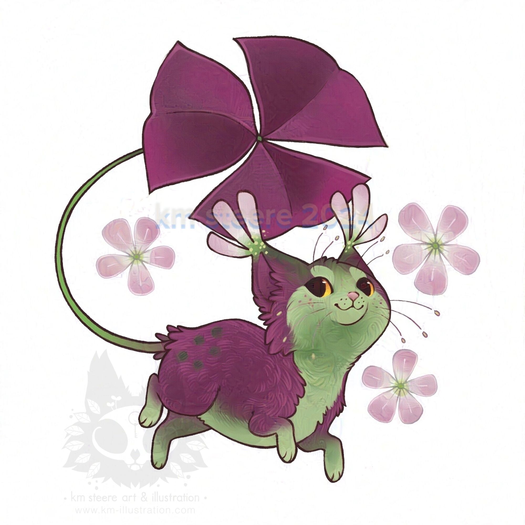 A digital illustration of a small, purple and green kitty fae creature. It has a shamrock for its tail and is surrounded by oxalis flowers. It looks smart and like it is ready to tell you a riddle.