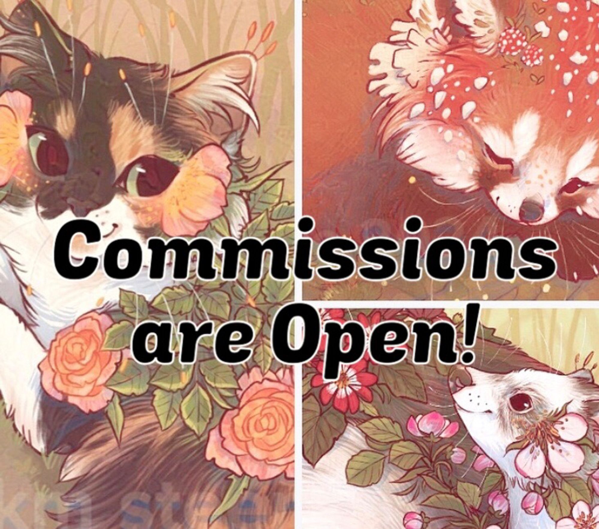 A commission info card. This image shows crops of a few different past commissions as well as the text that reads “commissions are open”