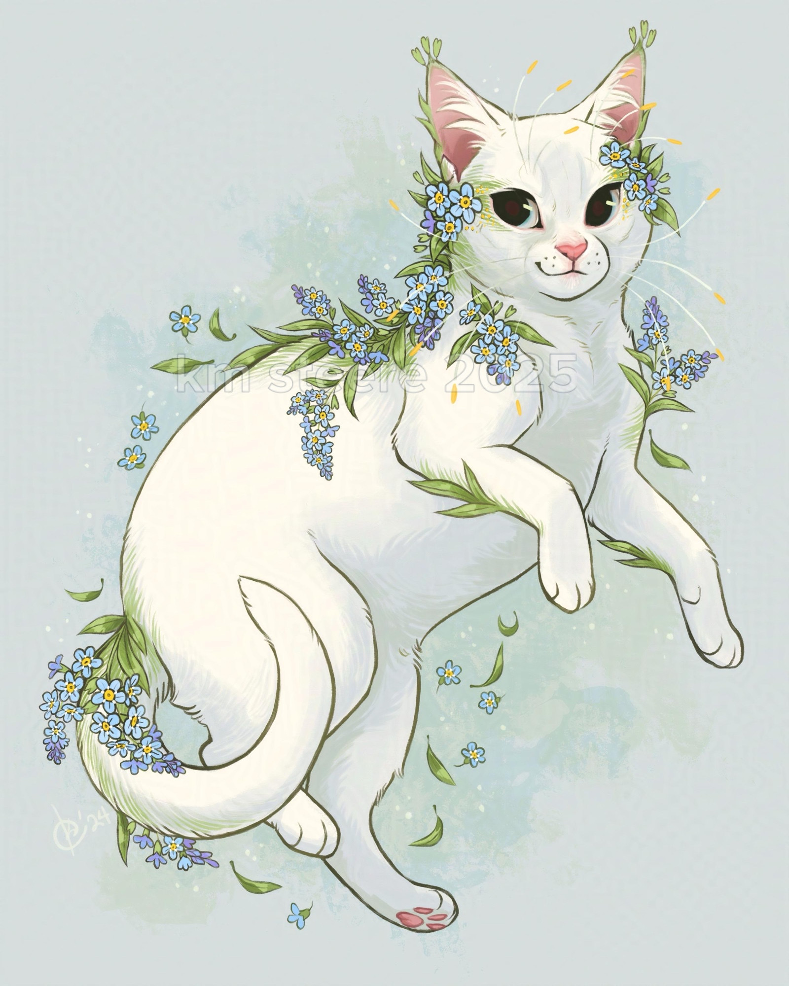 A digital illustration of a white  cat on a light blue background. The cat has pale eyes and a pink nose and paw pads. The kitty is covered in blue forget me not flowers. 