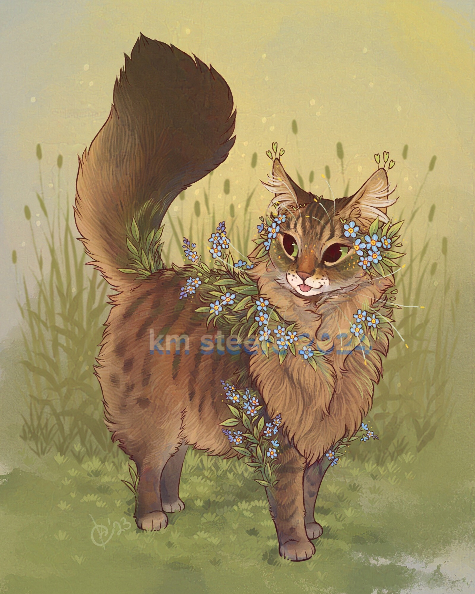 A digital illustration of a beautiful, fluffy tabby cat standing in a grassy place. The cat has little blue flowers sprouting from its body and is looking back over its shoulder. The cat has its little tongue out just a bit.