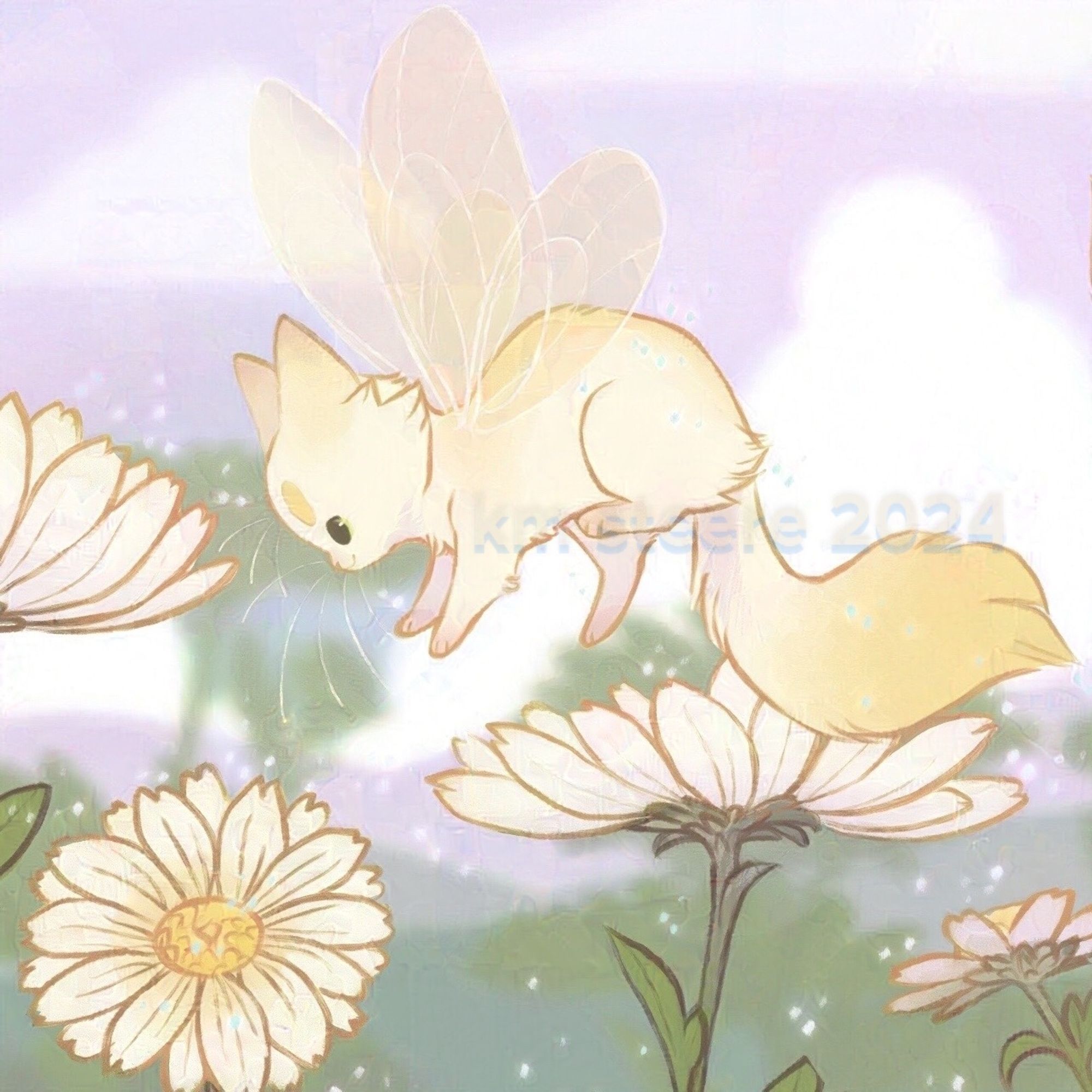 A crop of a drawing of a cream colored fairy cat fluttering around large white daisy flowers.