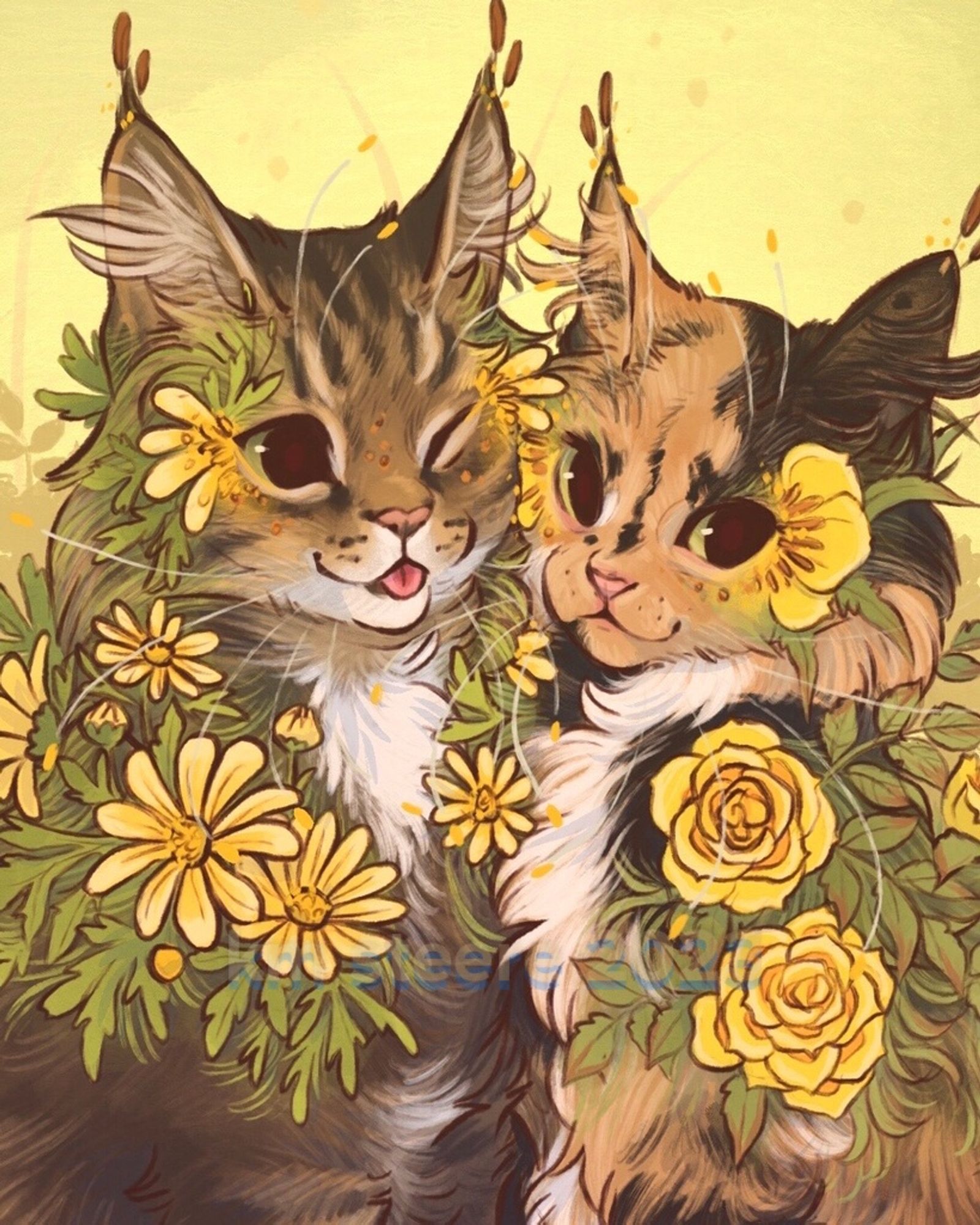 A crop of a digital illustration of a two fluffy kitties, one tabby and one calico who are covered in yellow flowers sprouting from their bodies. They look like they are posing for a photo. One has its tongue out.