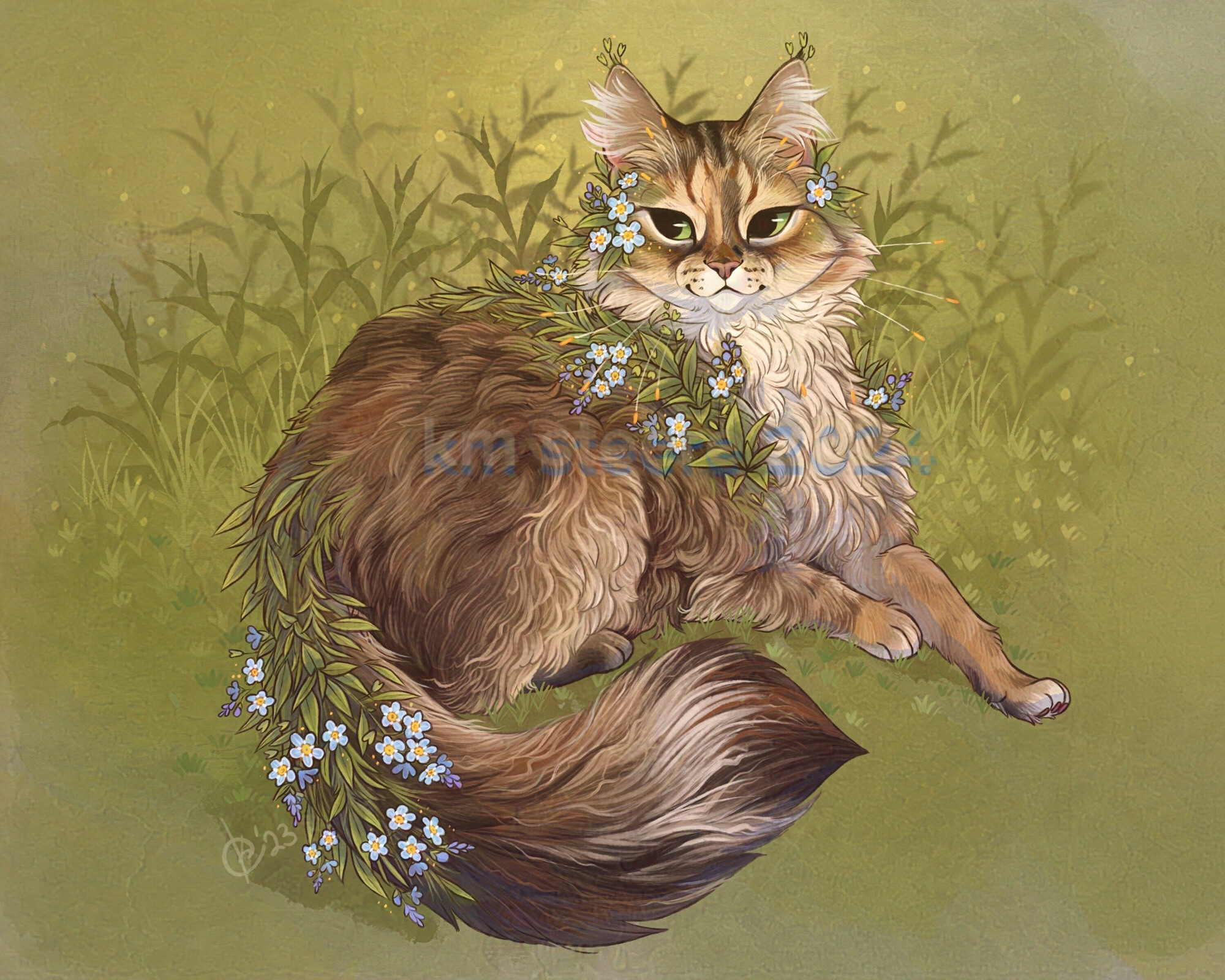 A digital illustration of a beautiful, fluffy tabby cat standing in a grassy place. The cat has little blue flowers sprouting from its body and is looking back over its shoulder as it is curled up on the ground.