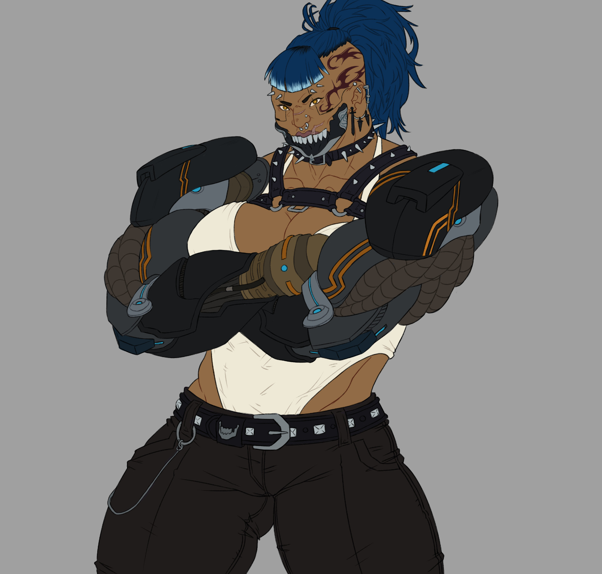 A large woman with massive robotic arms. She has a spiky red face tattoo, a robot jaw, and puffy blue hair. She's wearing a lot of black and spikes.