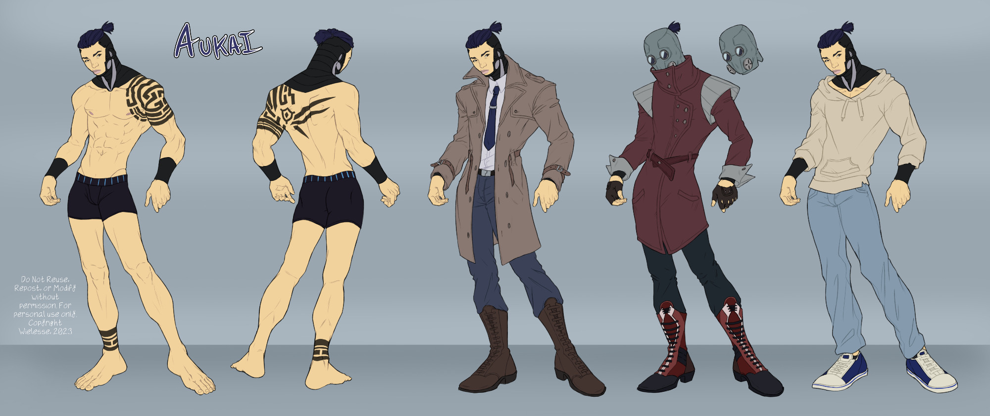 Character sheet of a slender man named Aukai with a cybernetic neck and a shoulder tattoo. He is shown standing front and back in his underwear, and in 3 different outfits: one where he's in a button up and a trench coat, one where he's in a muted red coat and gray mask, and one where he's in a goodie and jeans.