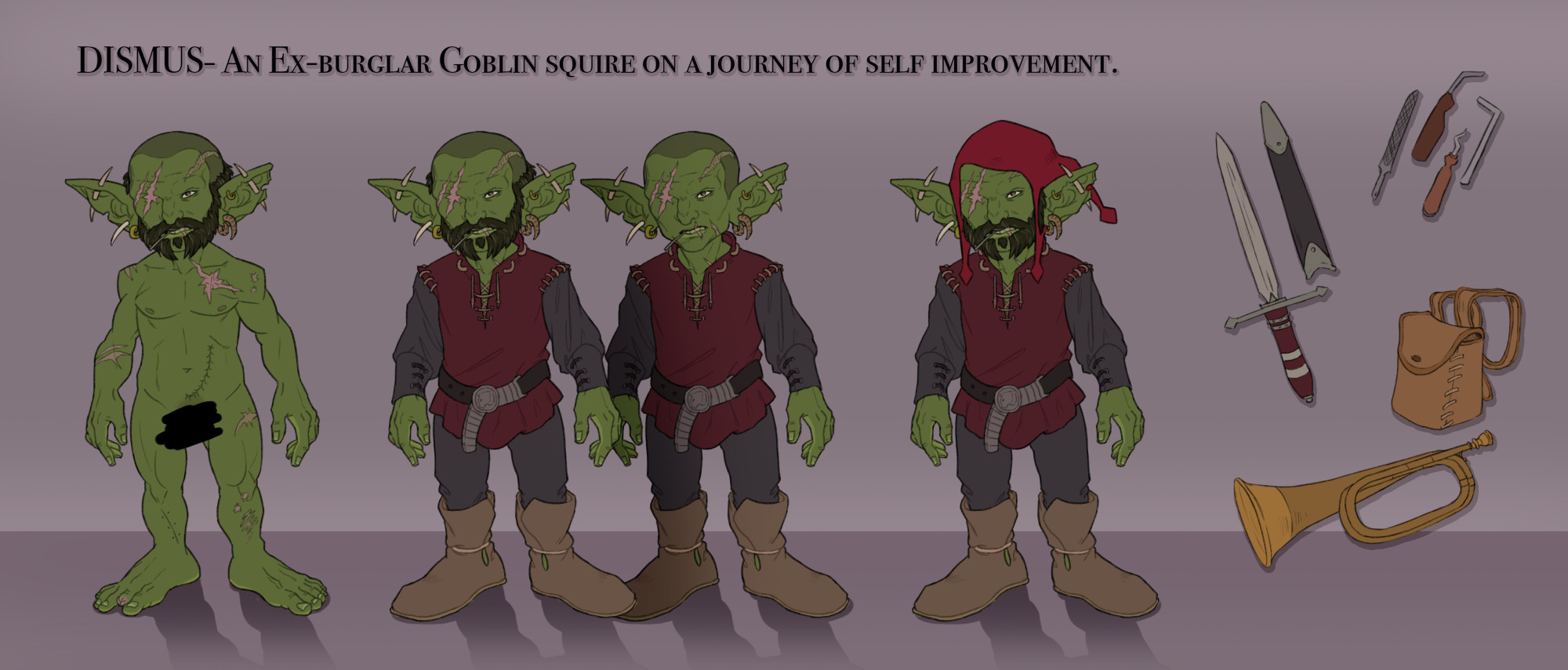 A reference sheet of a goblin that reads "Dismus- an ex-burglar goblin squire on a journey of self-improvement". He is littered with scars and has many earrings. He is shown 4 times; once naked and 3 times in his red tunic with different alterations, those being with his hat, without his hat, and bald with no beard.