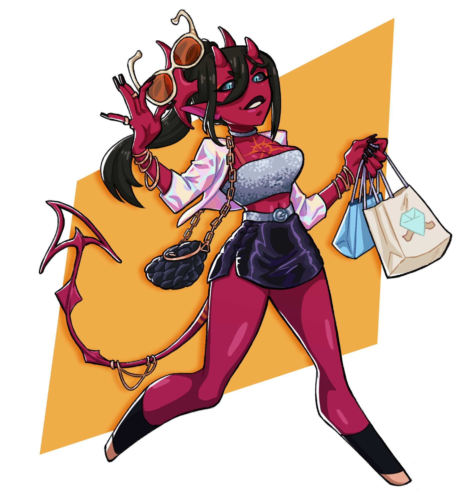 A red tiefling woman wearing fashionable clothes mid-stride as she shops.