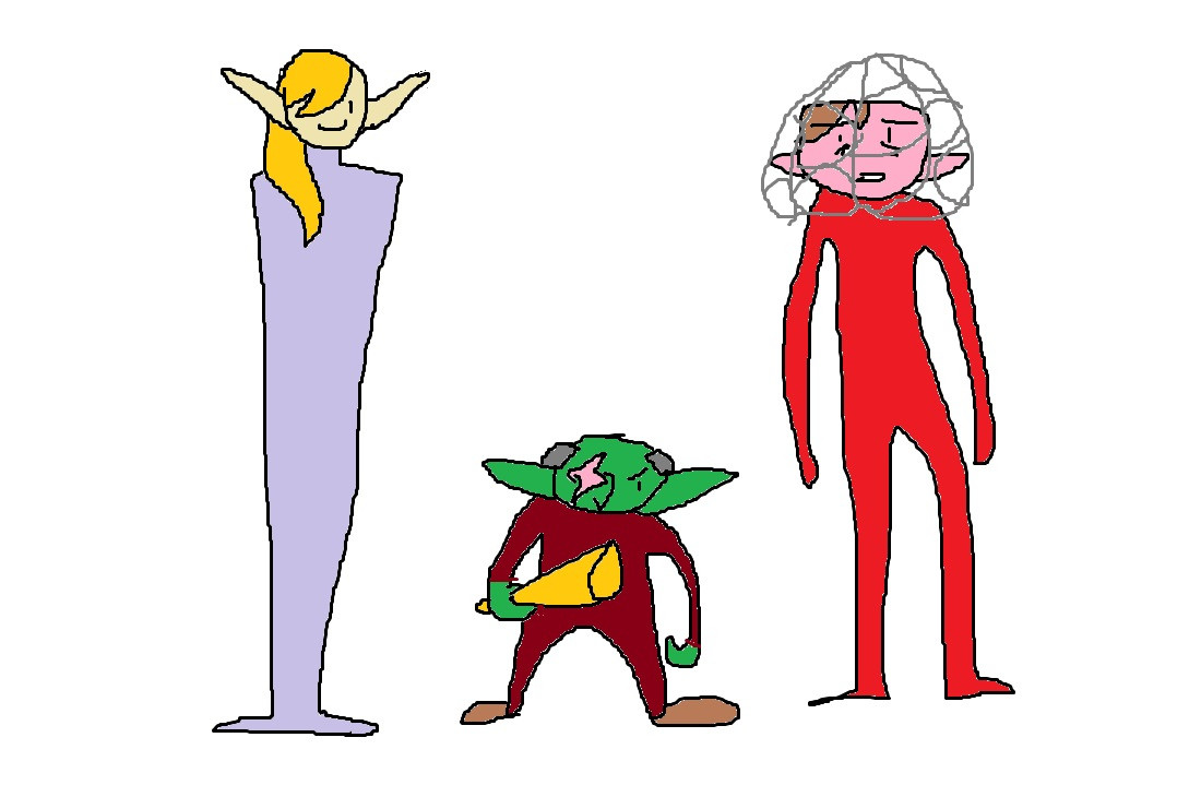 A tall elf with long golden hair dressed in lavender, a short goblin with a trumpet, and a distraught looking elf in red standing awkwardly next to each other.