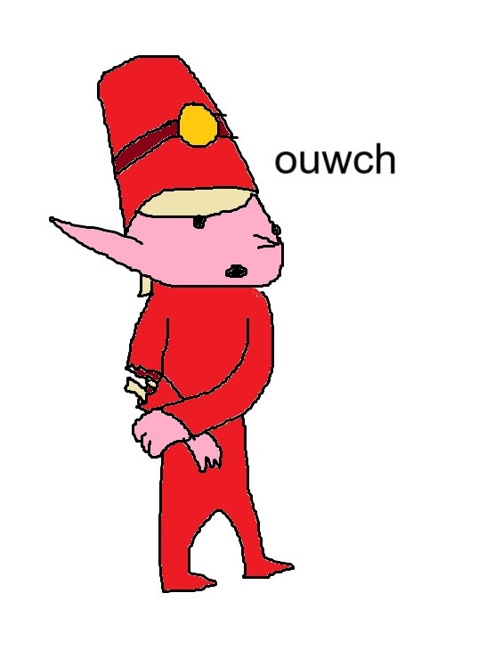 An Incarnadine Elf from Heart dressed in all red, holding his broken arm. The text reads "ouwch".