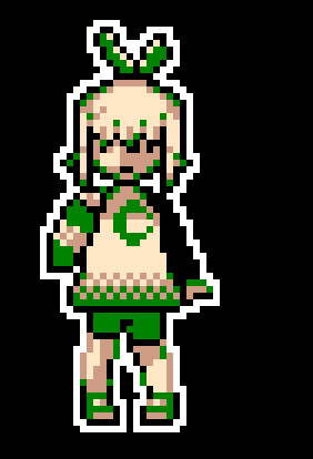 Pixelart image of a nonbinary plant-humanoid character. They have a sprout coming out of their head and wear an oversized sweater with shorts and sandals. Their hair covers their eyes.