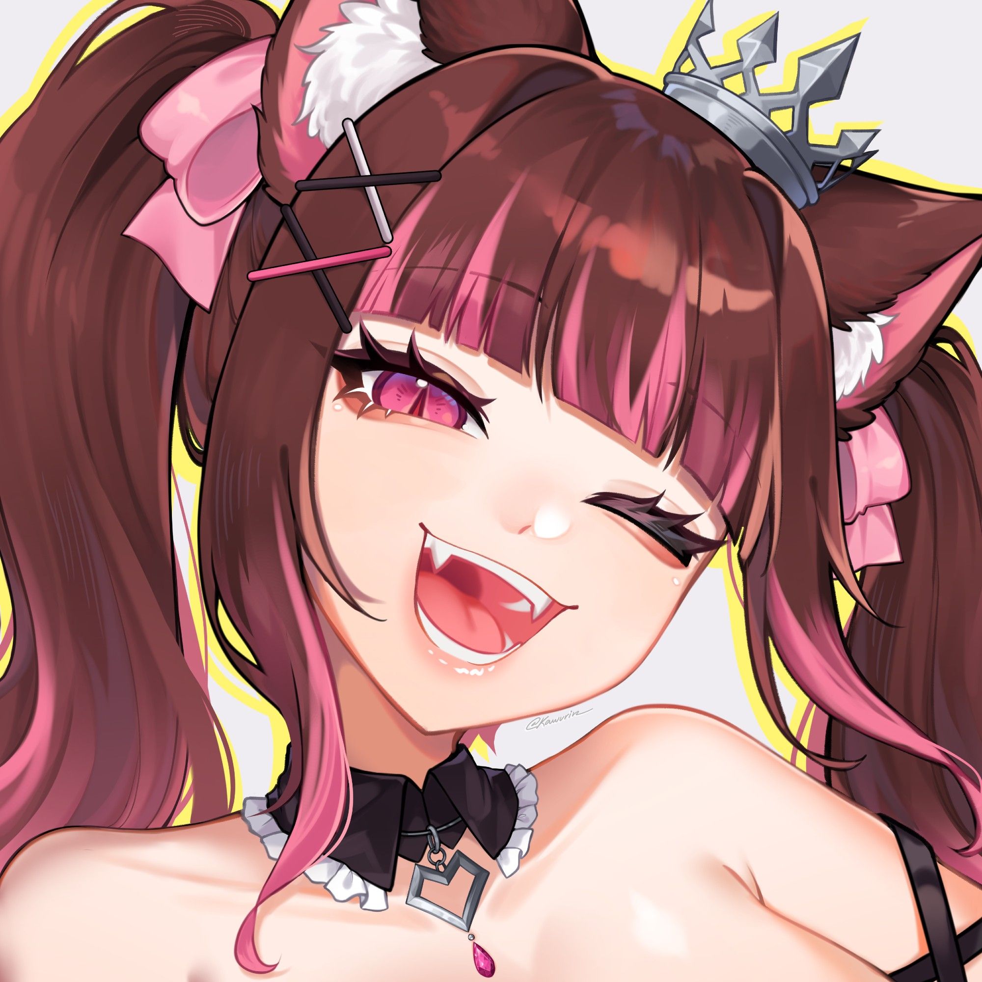 half-vampire half-cat girl, winking at the screen, with a pink and black color palette