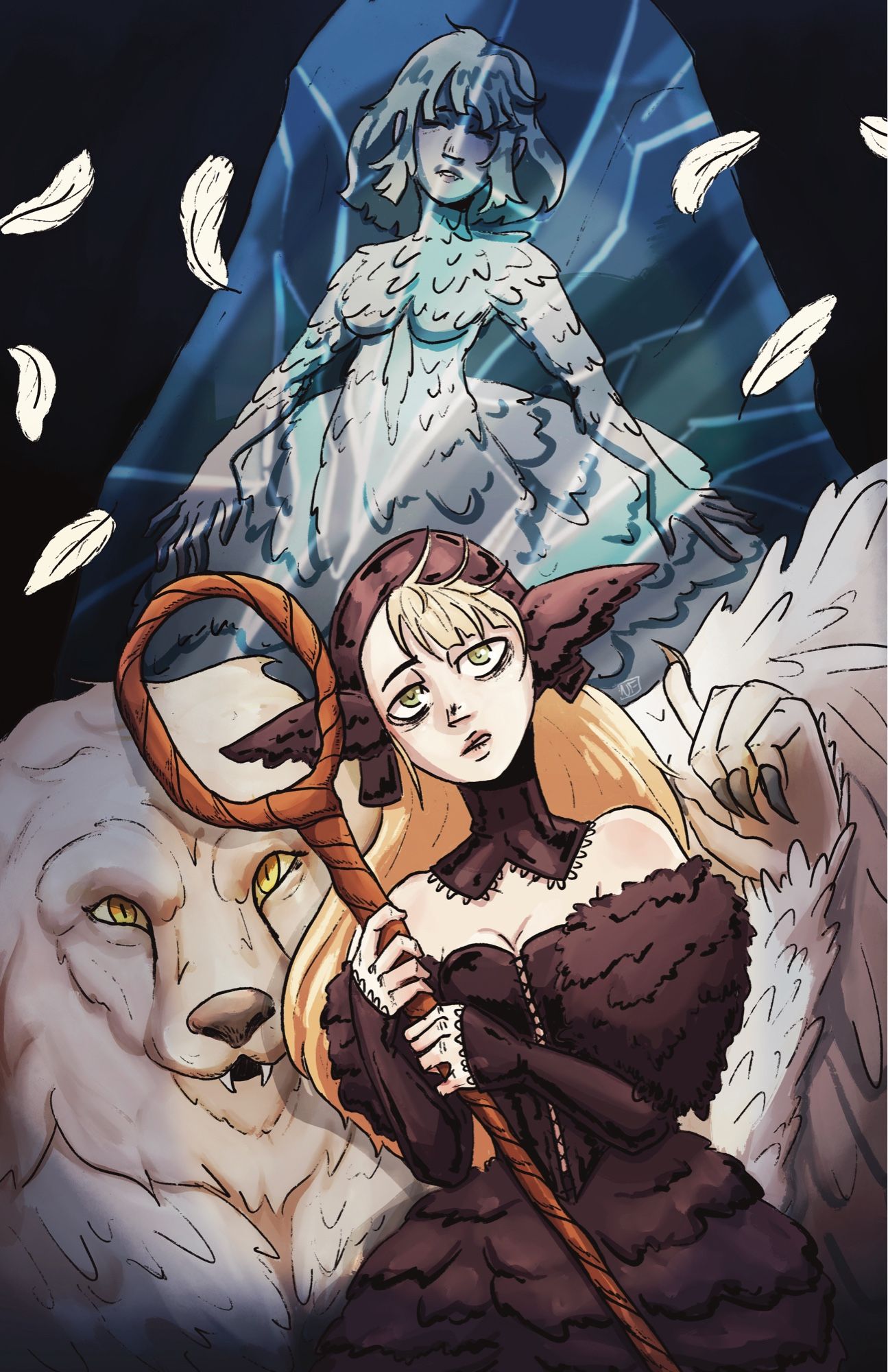 Drawing of marcille, a frozen falin, and the winged lion in his full form.