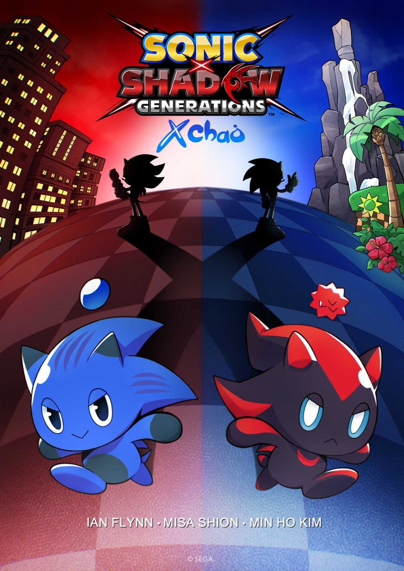 A Sonic Chao and Shadow Chao races towards the viewer. Their shadows extend and cross, leading to silhouettes of Sonic and Shadow. A city scene and Green Hill Zone scene frame the image. The title reads: Sonic X Shadow Generations X Chao