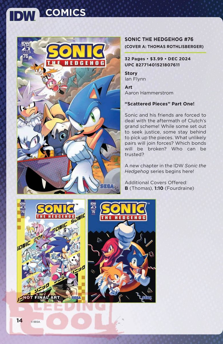 Solicits for Sonic the Hedgehog #76 by IDW. 
The A Cover decipts Sonic tightening his glove and looking severe. Arranged around him are shot of Tails carrying Amy, Silver grouped with Tangle and Whisper, and an extreme close-up of Mimic

The B Cover shows Sonic and Blaze back-to-back with other characters assembled behind them.

The RI Cover features Sonic, Tails and Knuckles happily posing within a large ring.