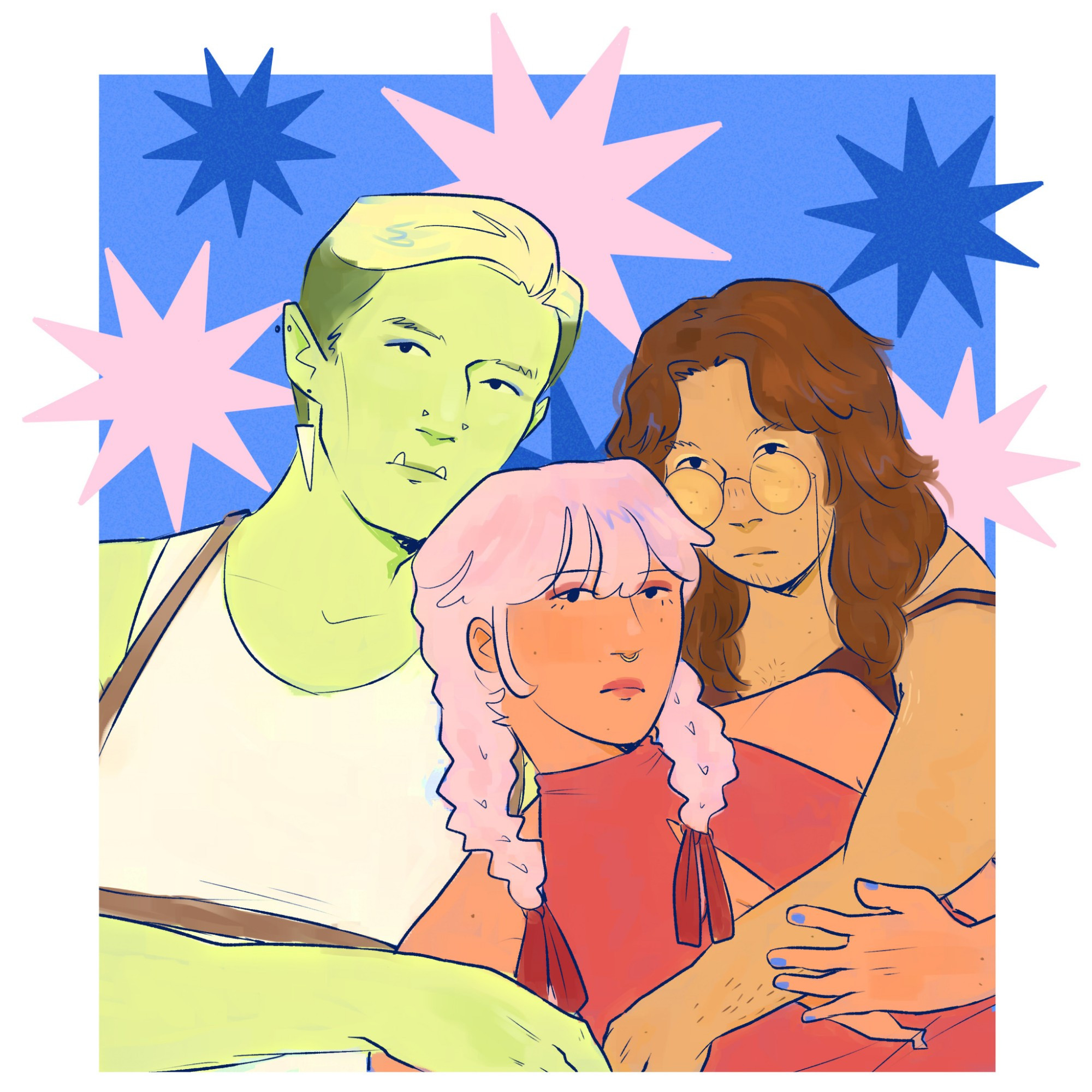 digital drawing of york, rosé, and grendan from drawtectives all leaning on each other