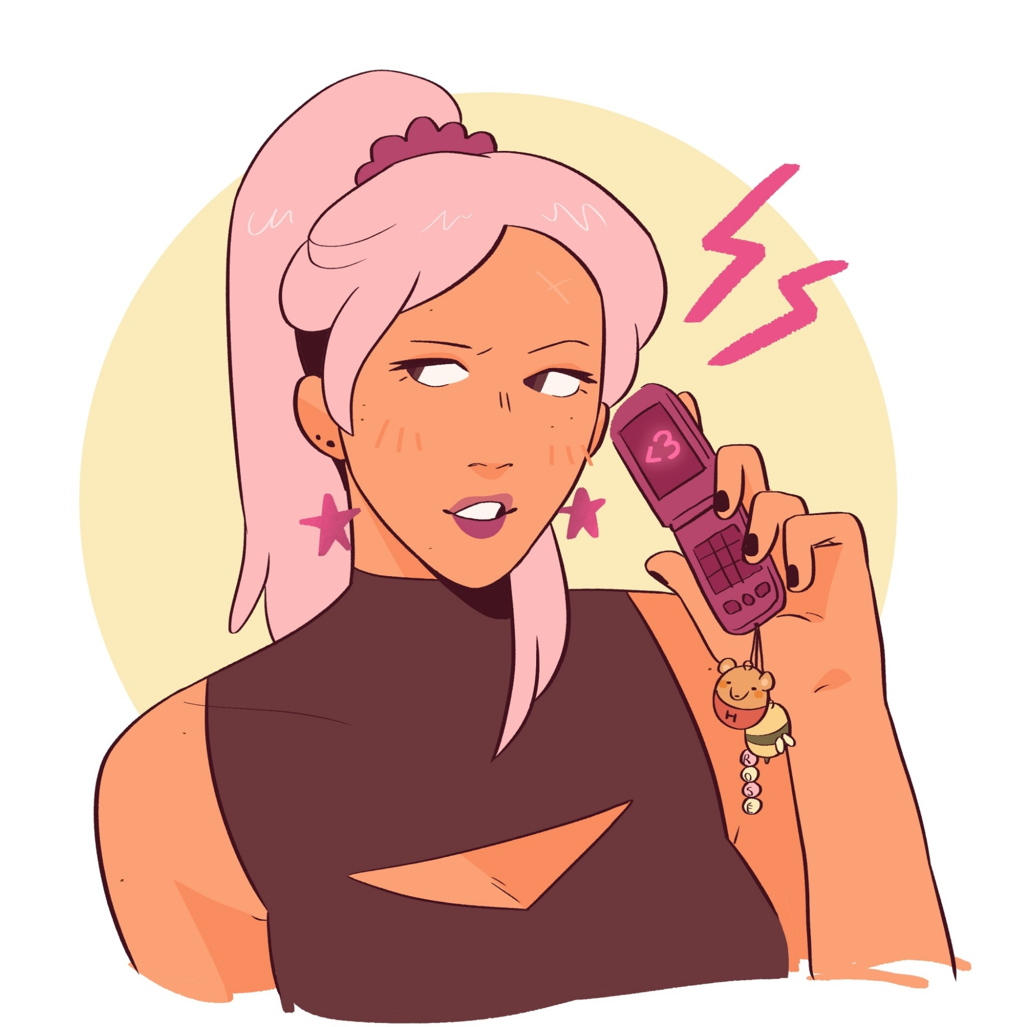 digital drawing of rosé from drawtectives holding a flip phone 