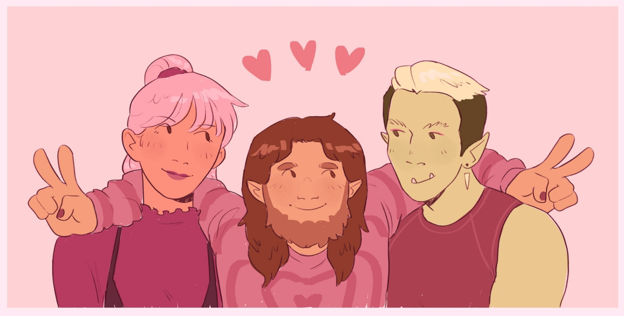 digital drawing of rosén, grendan, and york from drawtectives, grendan has his arms around rosé and york 