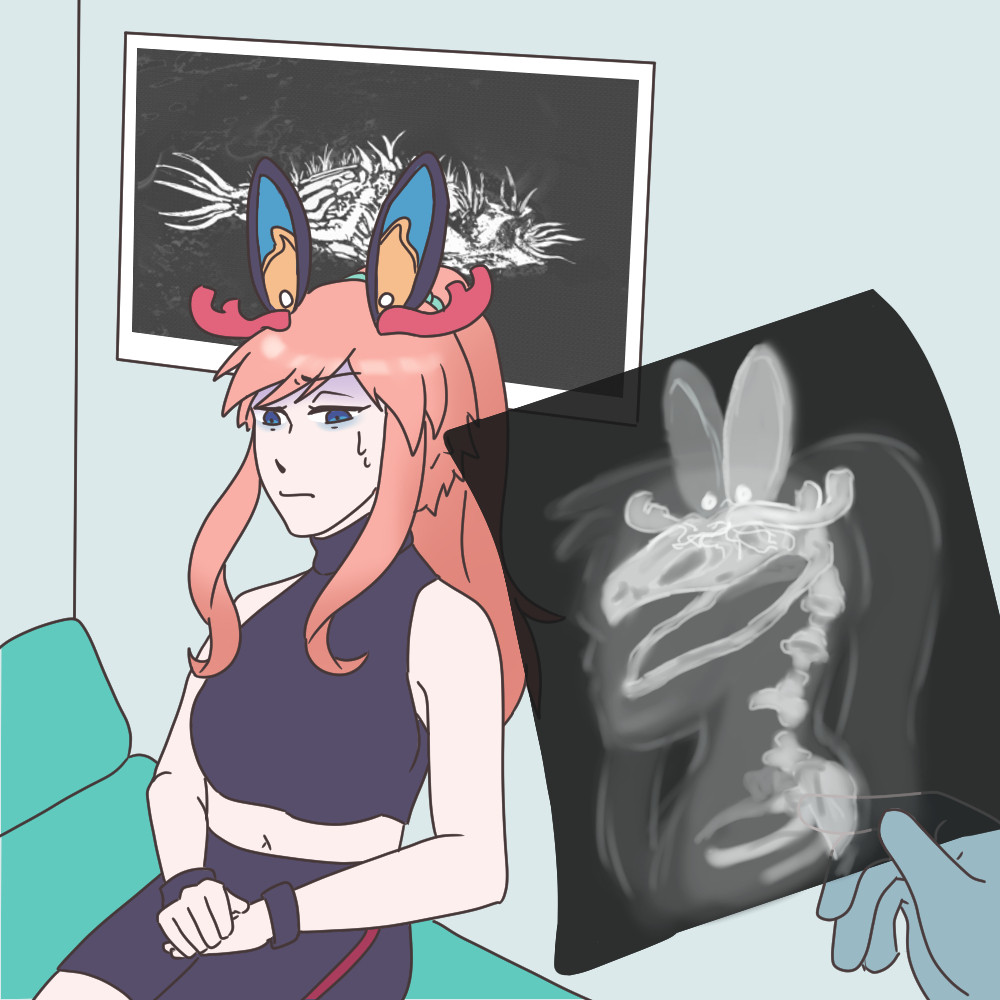 A character sitting at a doctor's office. There is an X-ray of her condition and is being given a poor prognosis by her attending doctor. 