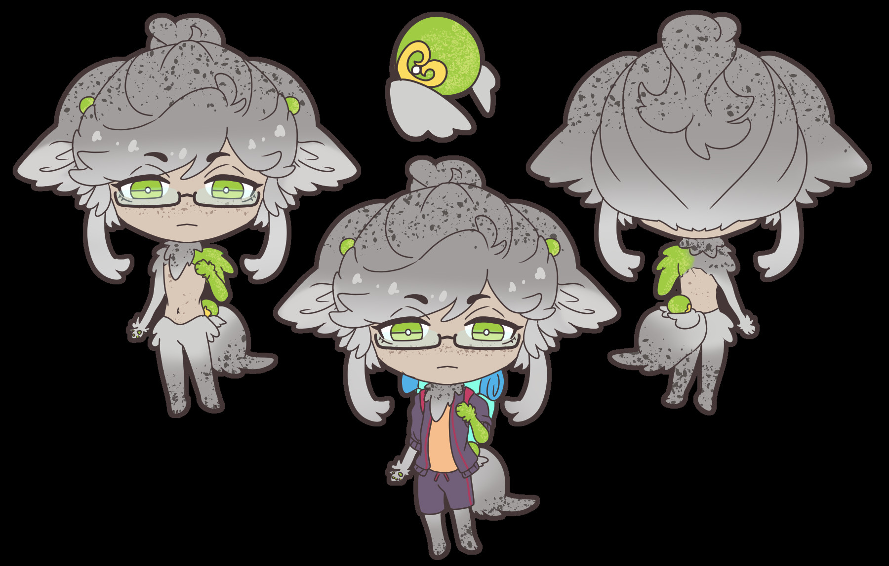 A reference sheet of gray haired character with a high ponytail. He has large drooping ears and a tail. He has green eyes and glasses. He additionally has a pair of round green horns and a round "pearl" at the base of his tail, which has gold and pearl gilding. 