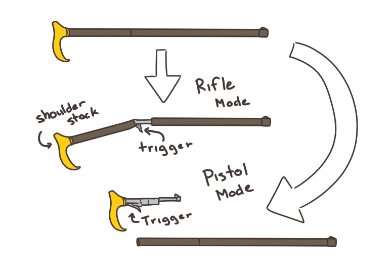 A gold tipped cane. The cane slides open about 1/3 from the cane handle down at an angle to reveal a rifle trigger. The handle of the cane can also disengage to be a pistol.  