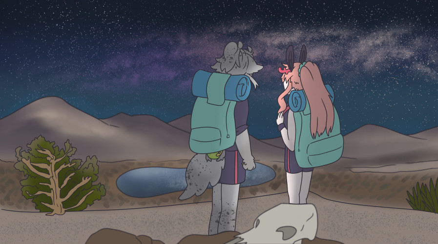 Two backpacking characters in a dry desert overlook a bluff at a lake, which reflects the bright stars in the sky.