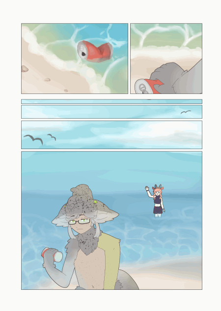 An animated comic. First panel features a can washing up on shore. The second features Harper picking up the can, and the last panel he is looking at the can before noticing Margaret waving at him from the waves.