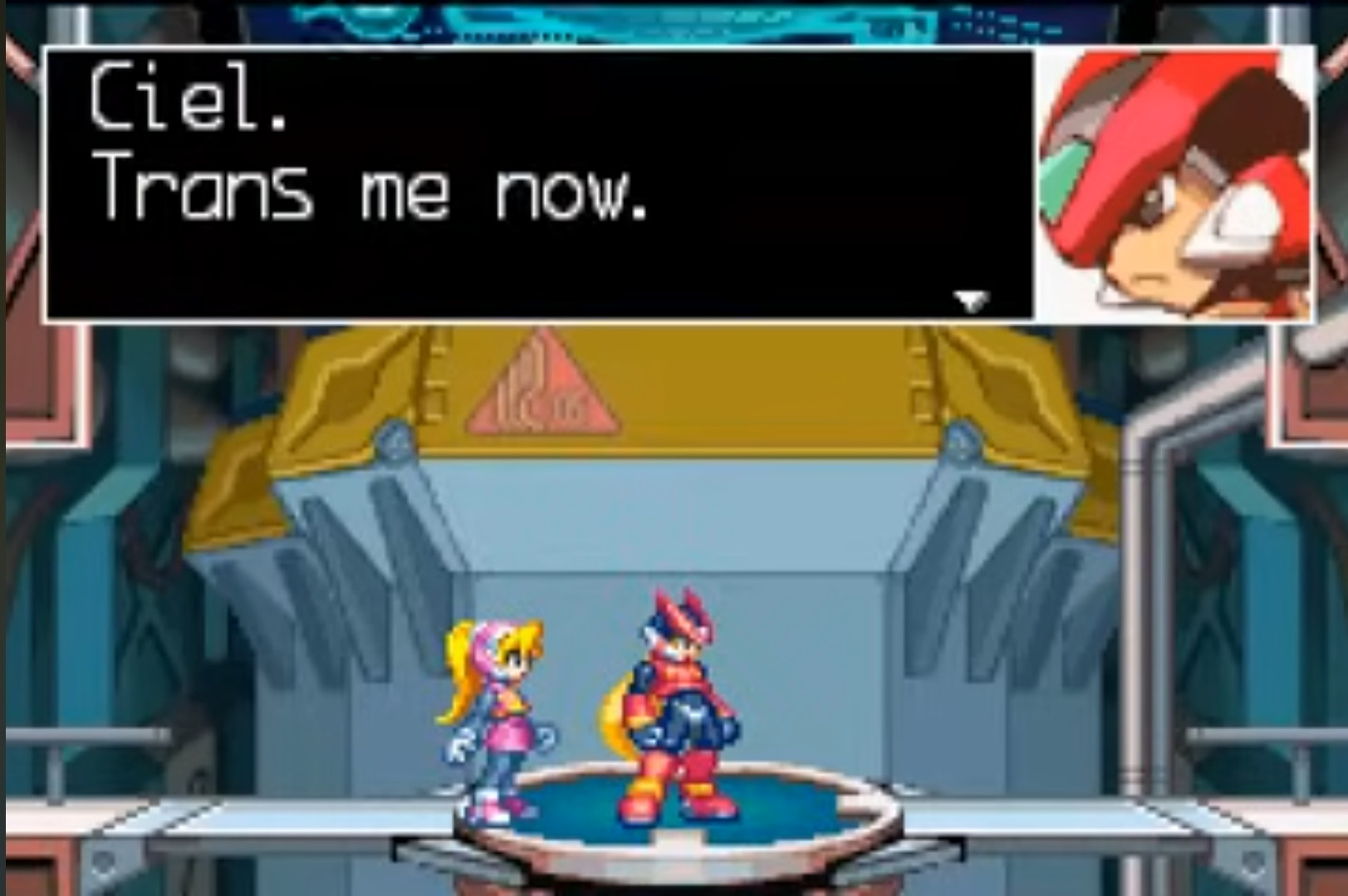 Screenshot from Mega Man Zero 2 of Zero saying "Ciel. Trans me now."