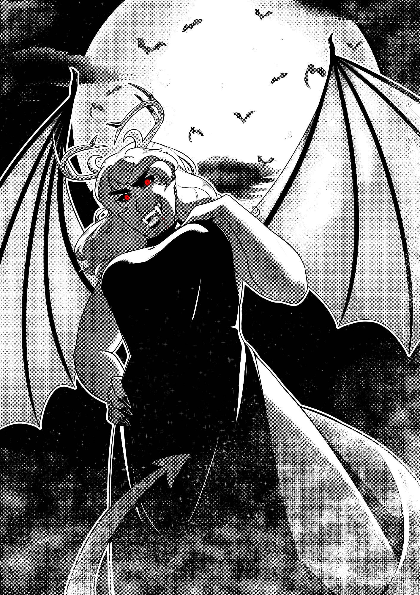 Black and white illustration of Pyra Chant, a white tiefling with wings and vampire fangs for halloween