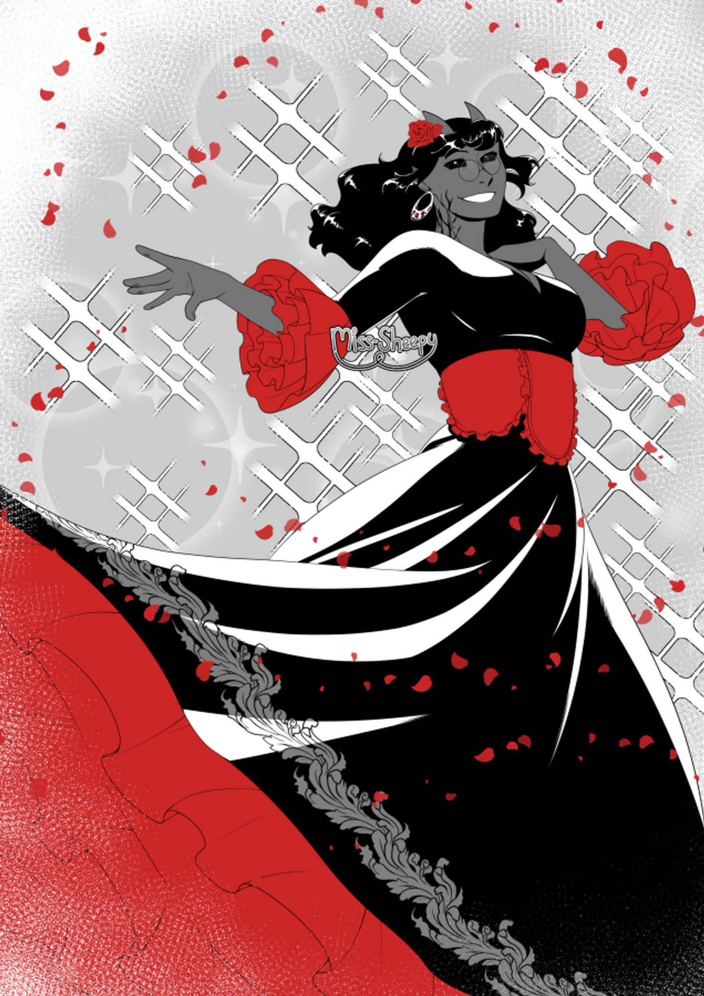 Black and white illustration with red highlights of a grey skinned tiefling woman wearing a long black dress with red ruffles. She's mid spin, looking towards the viewer with her hand outstretched, possibly from throwing her skirt up and towards the viewer slightly.