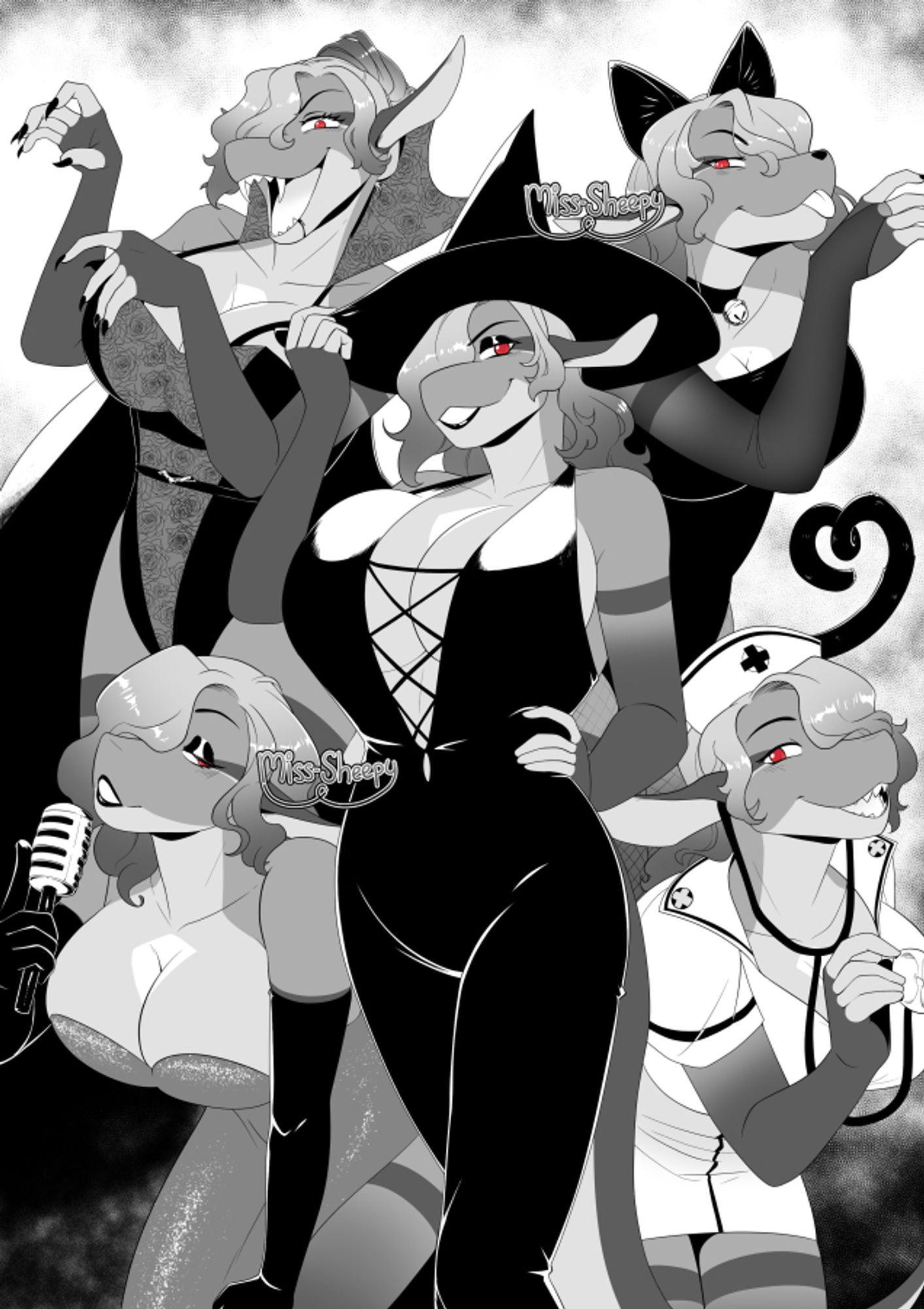 A black and white illustration of a shark girl wearing different costumes and posing cutely for the camera. Costumes are a vampire, a cat, a witch, jessica rabbit and a nurse.