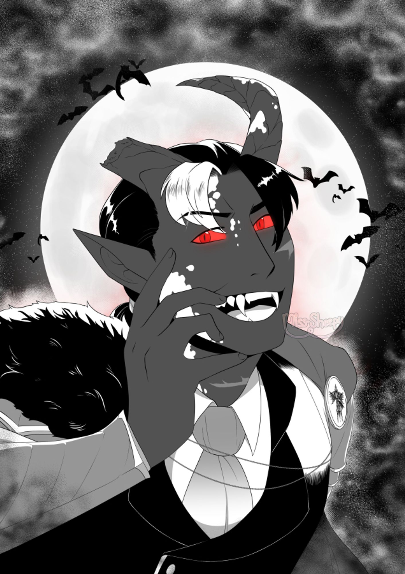 A black and white illustration of a tiefling character with a broken horn,  grey skin with white spots and black hair with white streaks. He's showing off his fangs, pulling at his cheek and his eyes are glowing red. In the background is a full moon with bats swarming around it.