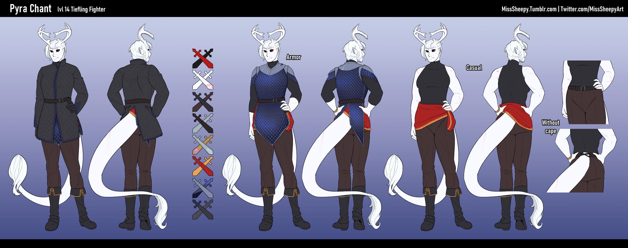 Reference sheet of Pyra chant, a white tiefling